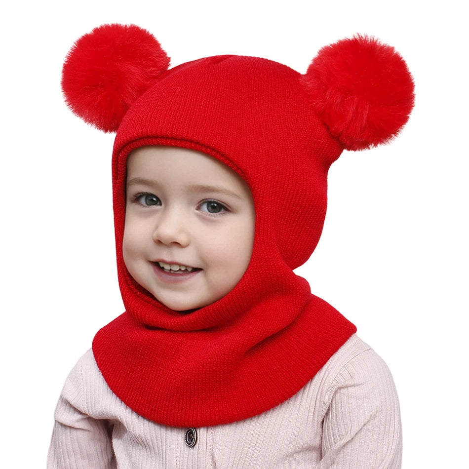 Kids Yarn Knit Balaclava Cap Autumn Winter Pullover Ear Protection Double Ball One-piece Baby Christmas Gift Hat