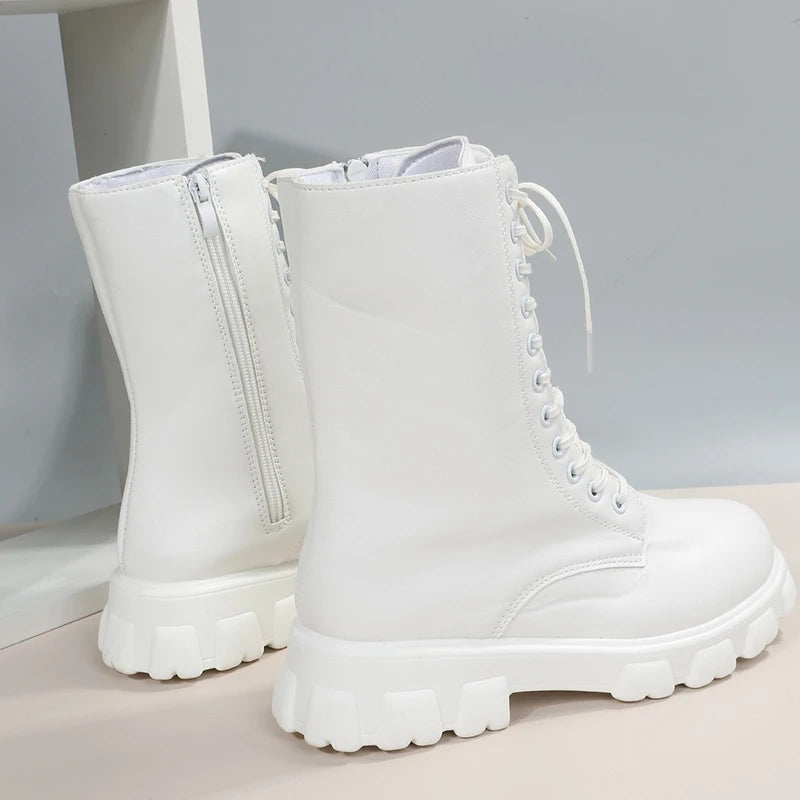 Boots Women 2022 Autumn Winter PU Leather White Ankle Boots Motorcycle Botines Female Chunky Heels Platform Boots Botas Mujer