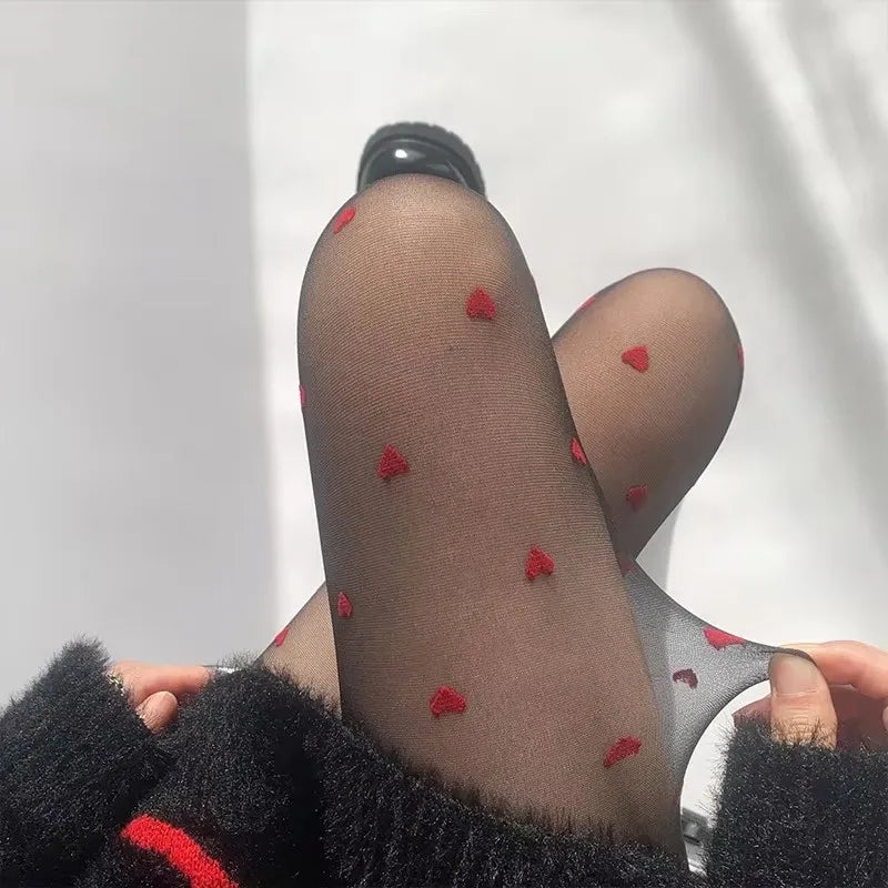 Thin Red Stockings Woman Heart-shaped Dots Sexy Pantyhose Breathable Comfortable Long Black Stockings for Women