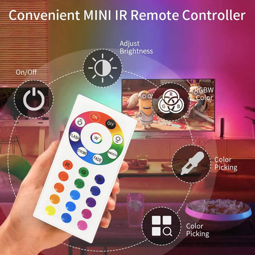 RGB LED strip with remote control, dimmable decorative lighting suitable for bedrooms, ceilings, and party atmospheres