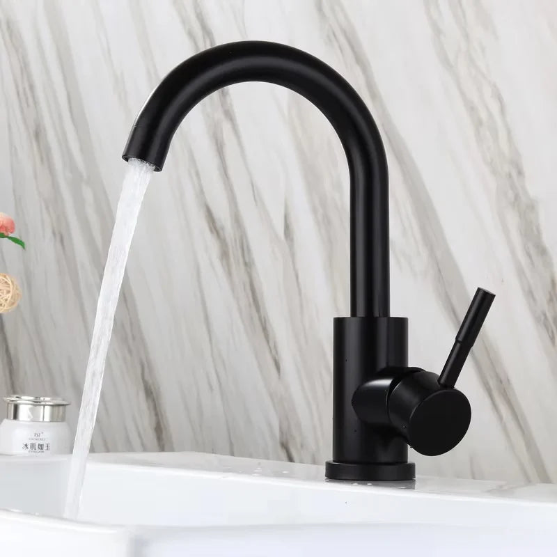 Stainless Steel Hot and Cold Water Mixer Tap, Single Handle Bathroom Faucets, Deck Mounted, Household WashBasin Sink Tap