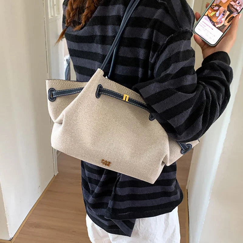 Luxury Canvas Dumpling Handbag Vintage Large Capacity Tote Bag Brand Pleated Drawstring Design Versatile Fashion Shoulder Purse