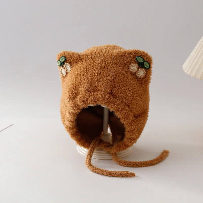 Winter Baby Plush Ear Protection Hat Cute Cherry Toddler Headgear Bonnet Thick Warm Kids Earmuffs Cap 8-36Month Children Beanies