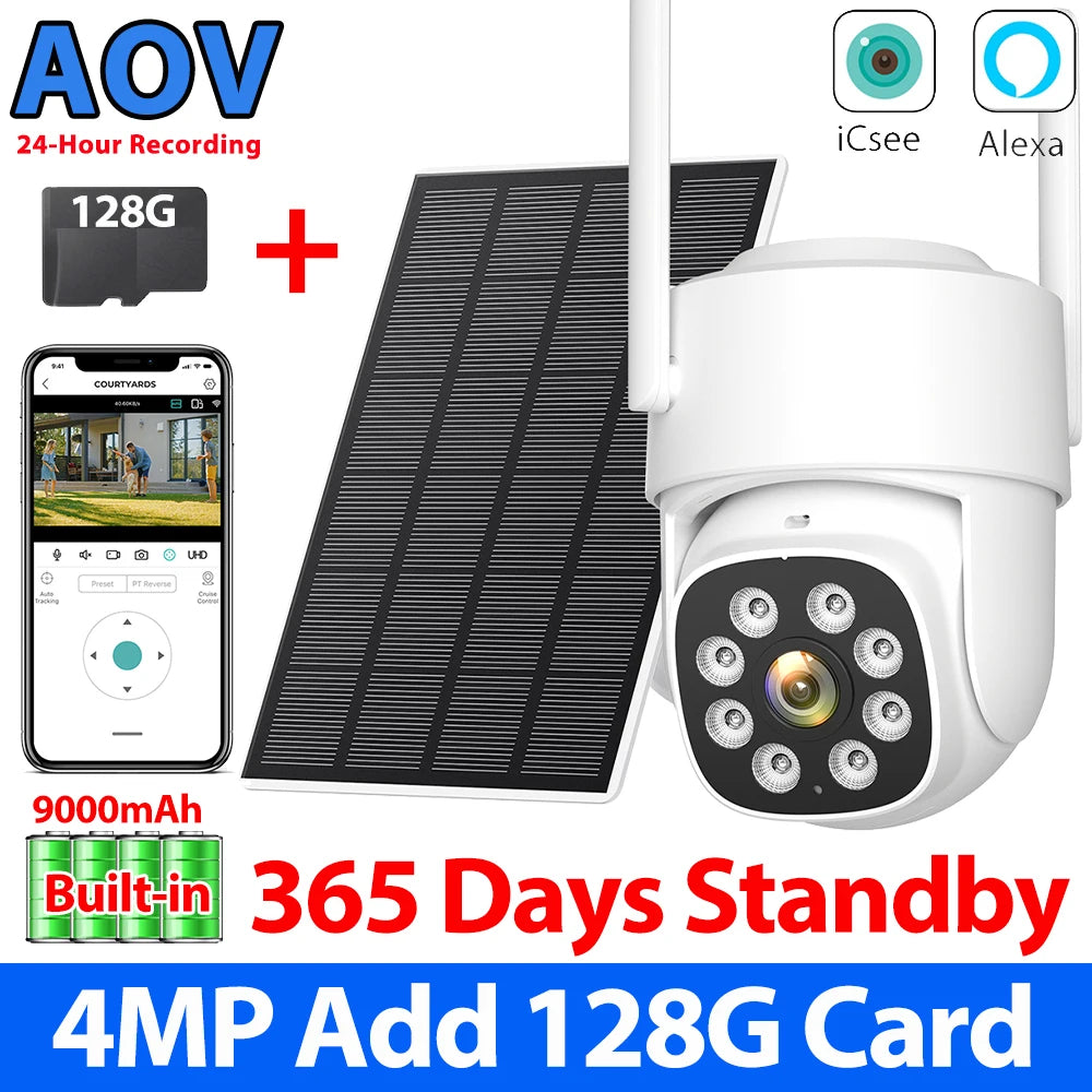 8MP 4K AOV Solar Camera Wifi 7/24 Recording Wireless Outdoor Surveillance Camera Dual Lens 365 Days Standby Home Security ICSEE