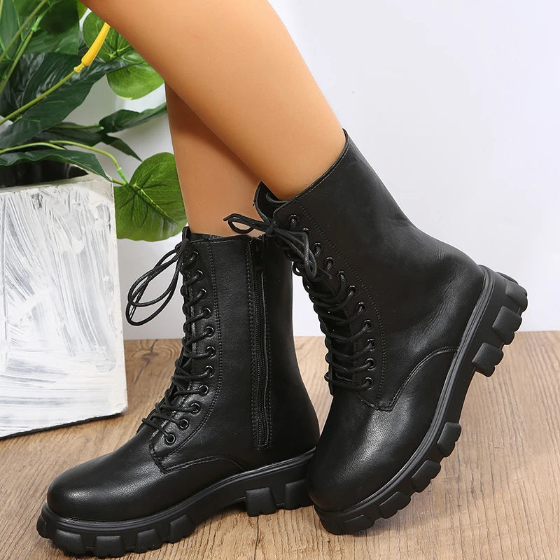 Boots Women 2022 Autumn Winter PU Leather White Ankle Boots Motorcycle Botines Female Chunky Heels Platform Boots Botas Mujer