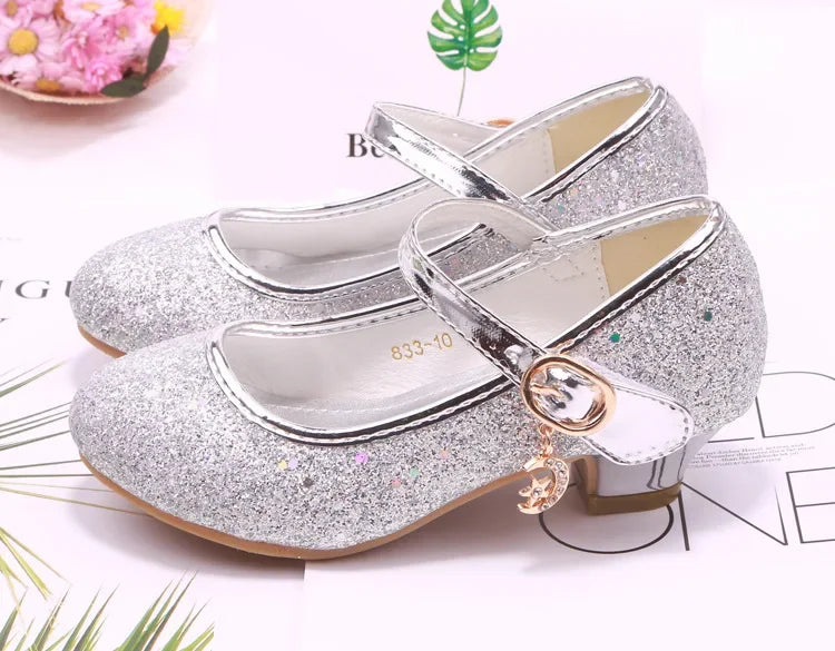 Girls High Heels Children's Leather Shoes Small Children Princess Single Shoes Sequins Students Dance Performance Gift