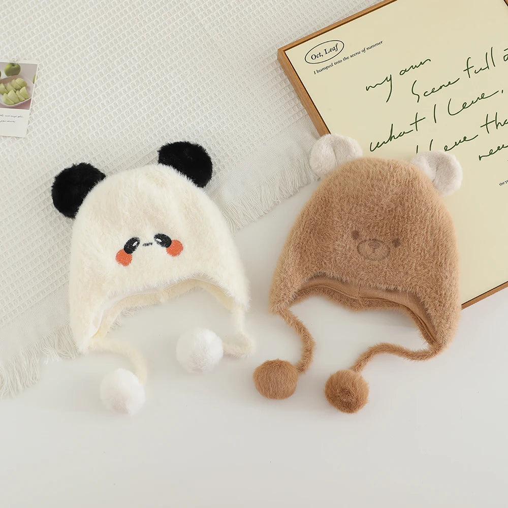 New Autumn Winter Warm Plush Hats for Kids Cartoon Thick Baby Girls Hat Outdoor Windproof Boys Ear Protection Cap Infant Beanies