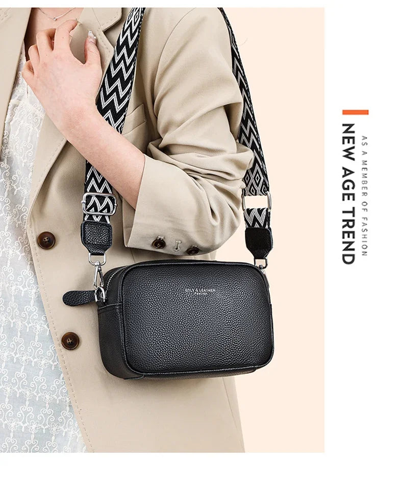 100% Genuine Leather Women Shoulder Bag 2025 New High Quality Cowhide Female Crossbody Bags Wide Shoulder Strap Girls Handbag