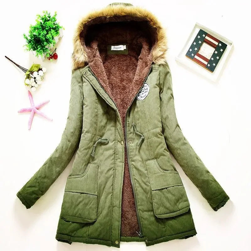 Korean Style Thickened Long Cotton Jacket Women's Winter Coat with Fleece Lining And Fur Collar Slim Fit plus Size Top