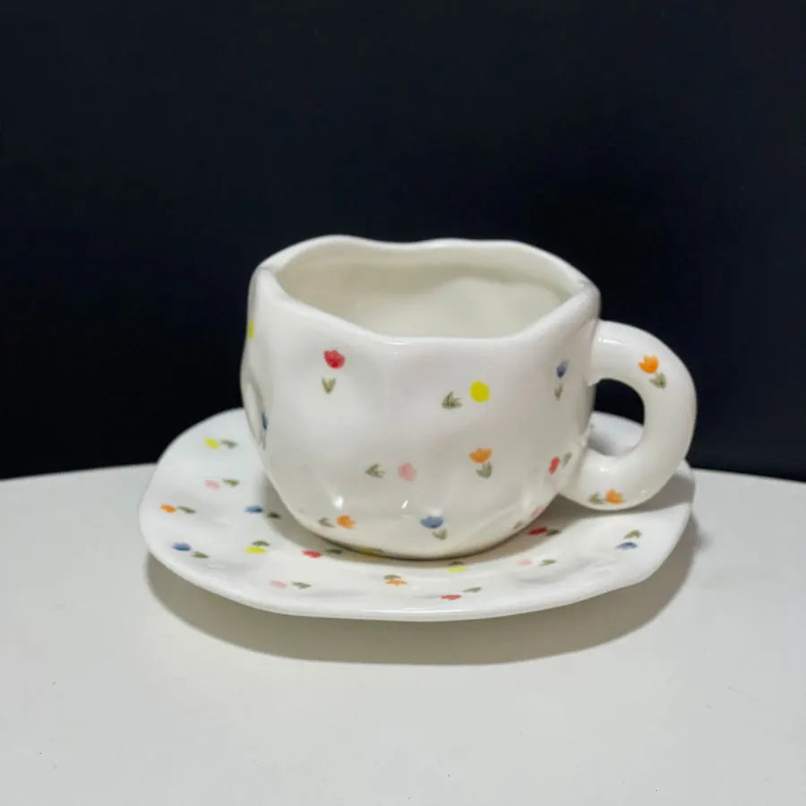 Cute Hand Pinch Irregular Painted Small Red Love Coffee Cup Plate Underglaze Ceramic Afternoon Tea Cup Plate Set
