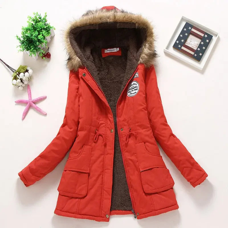 Korean Style Thickened Long Cotton Jacket Women's Winter Coat with Fleece Lining And Fur Collar Slim Fit plus Size Top