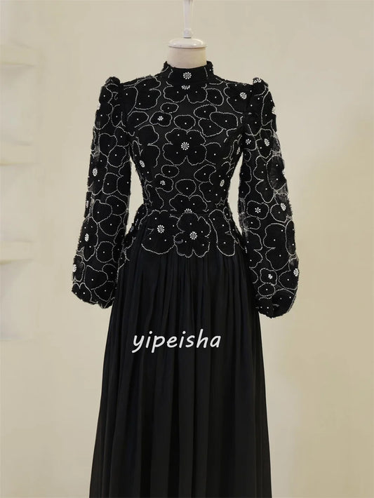 Fashion Chiffon Handmade Flower Beading Straight High Collar Long Dresses Bespoke Occasion Dresses Retro