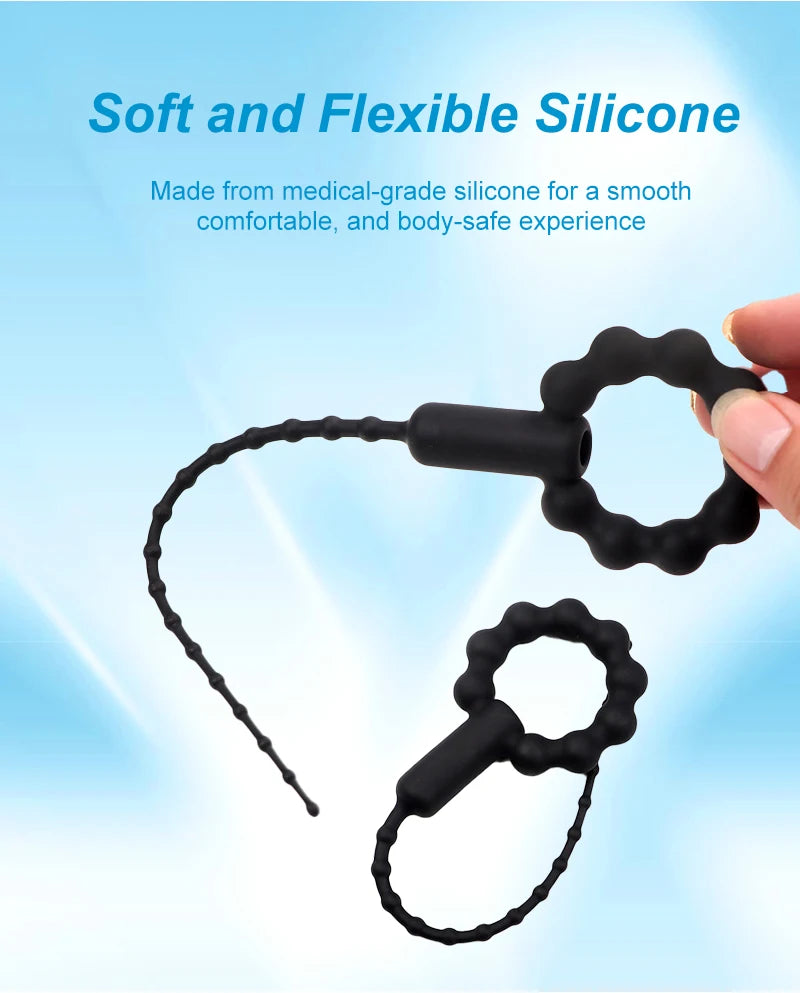 Silicone Vibrating Urethral Sound for Intense Stimulation, Electric Prostate Massager Toy, Soft & Flexible Beaded Design