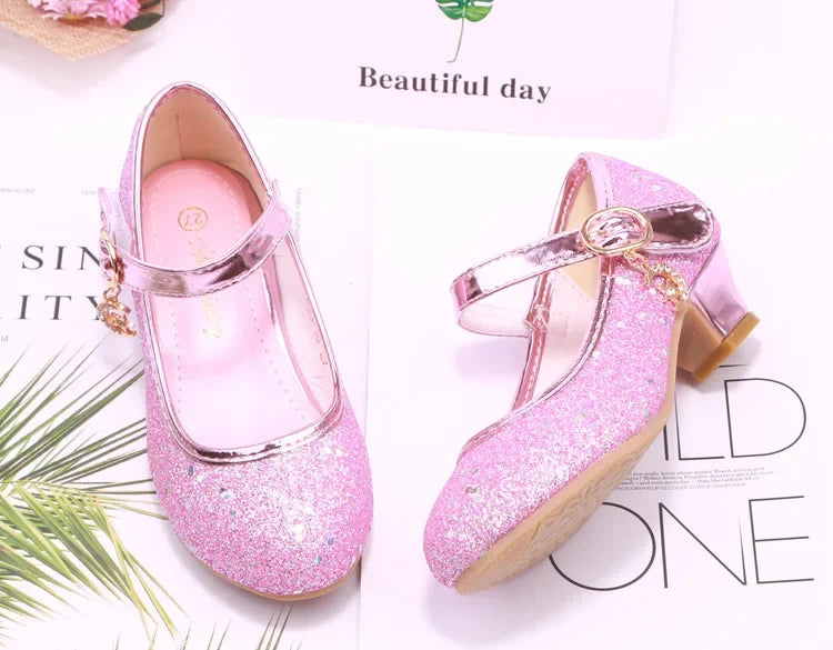 Girls High Heels Children's Leather Shoes Small Children Princess Single Shoes Sequins Students Dance Performance Gift