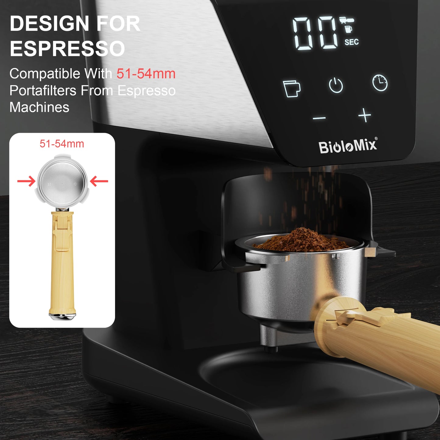 BioloMix Automatic Burr Mill Electric Coffee Grinder, featuring 30 gears for grinding espresso and American coffee, With Magneti