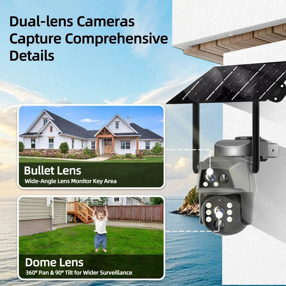 4G Solar Camera Outdoor Dual Lens 8MP 4K WiFi PTZ IP Security Camara With Solar Panel CCTV Built in Battery Auto Tracking Cam