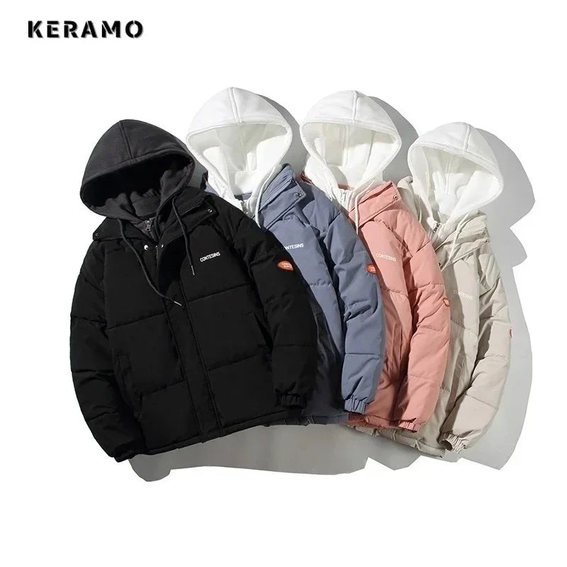 Women Casual All-match Long Sleeve Single Breasted Simple Hooded Parkas 2023 Winter Fake Two Piece Warm Jacket Solid Coat
