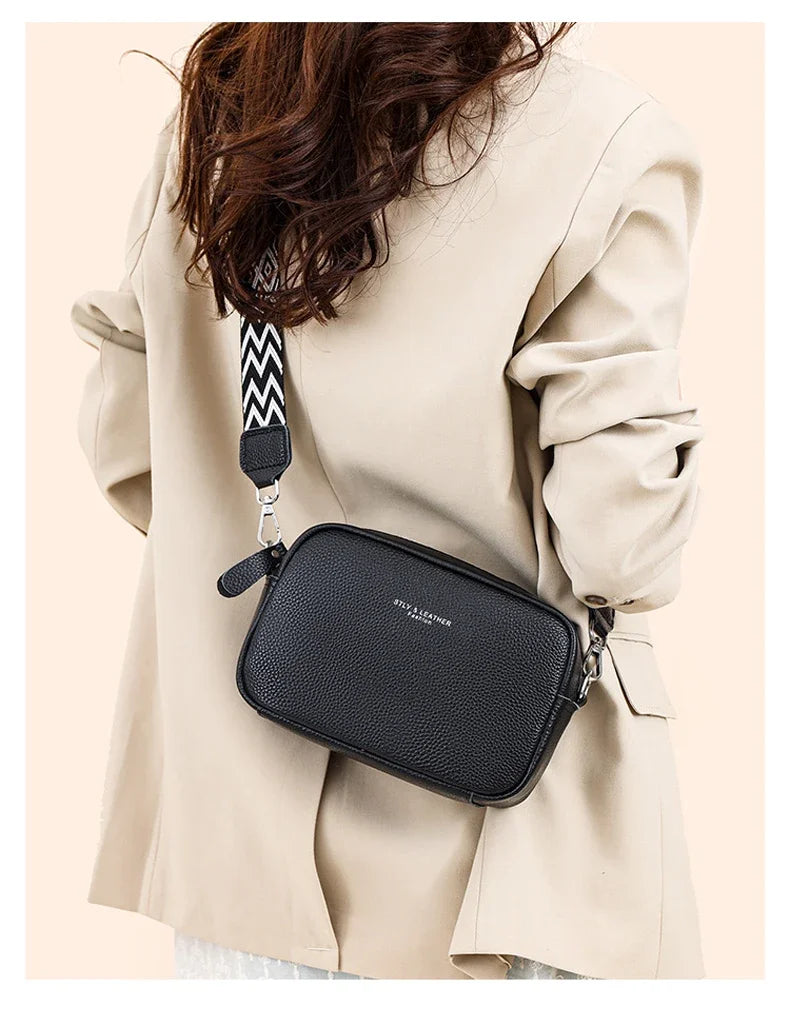 100% Genuine Leather Women Shoulder Bag 2025 New High Quality Cowhide Female Crossbody Bags Wide Shoulder Strap Girls Handbag