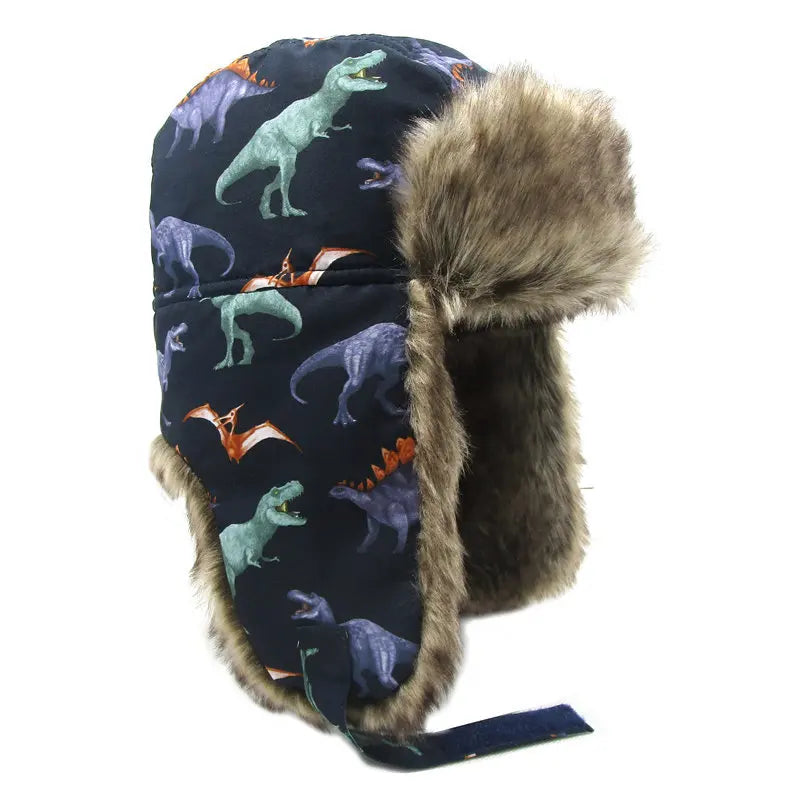 Winter Children Fur Keep Warm Hats Cartoon Dinosaur Pattern Ushanka Caps for 1-10 Years Boys Girls Windproof Soft Skiing Hat