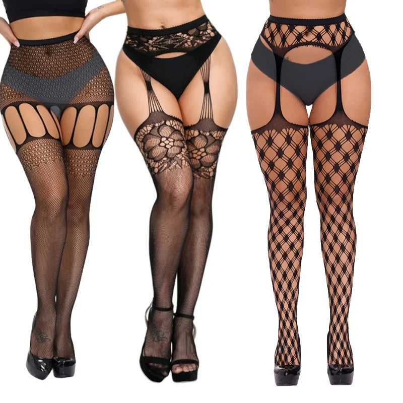 3 Pcs Pantyhose Fishnet Sexy Thigh-High Stockings Suspender Stockings for Women Garter Belt Stockings Hollow Out Pattern Tights