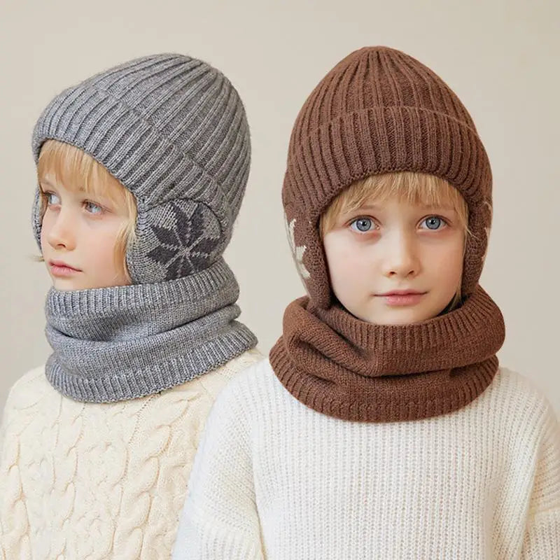 2Pcs Knitted Children Winter Hat Scarf Fleece Lining Ears Protection Kids Beanie Hats Neck Warmer Warm Child Boy Cap 4-10Y