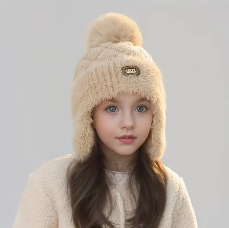Kids Winter Hat with Ear Flaps Hat with Furry Pom-Pom & Plush Lining - Soft Warm Beanie for Boys & Girls for & 4-10 Y