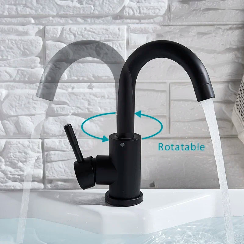 Stainless Steel Hot and Cold Water Mixer Tap, Single Handle Bathroom Faucets, Deck Mounted, Household WashBasin Sink Tap