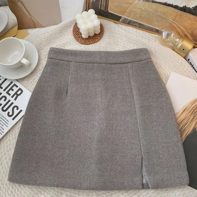 Woolen Mini Skirts Women S-5XL Slim Hip Wrap Side Slit A-line Autumn Winter Solid All-match Female Plus Size Graceful Vintage