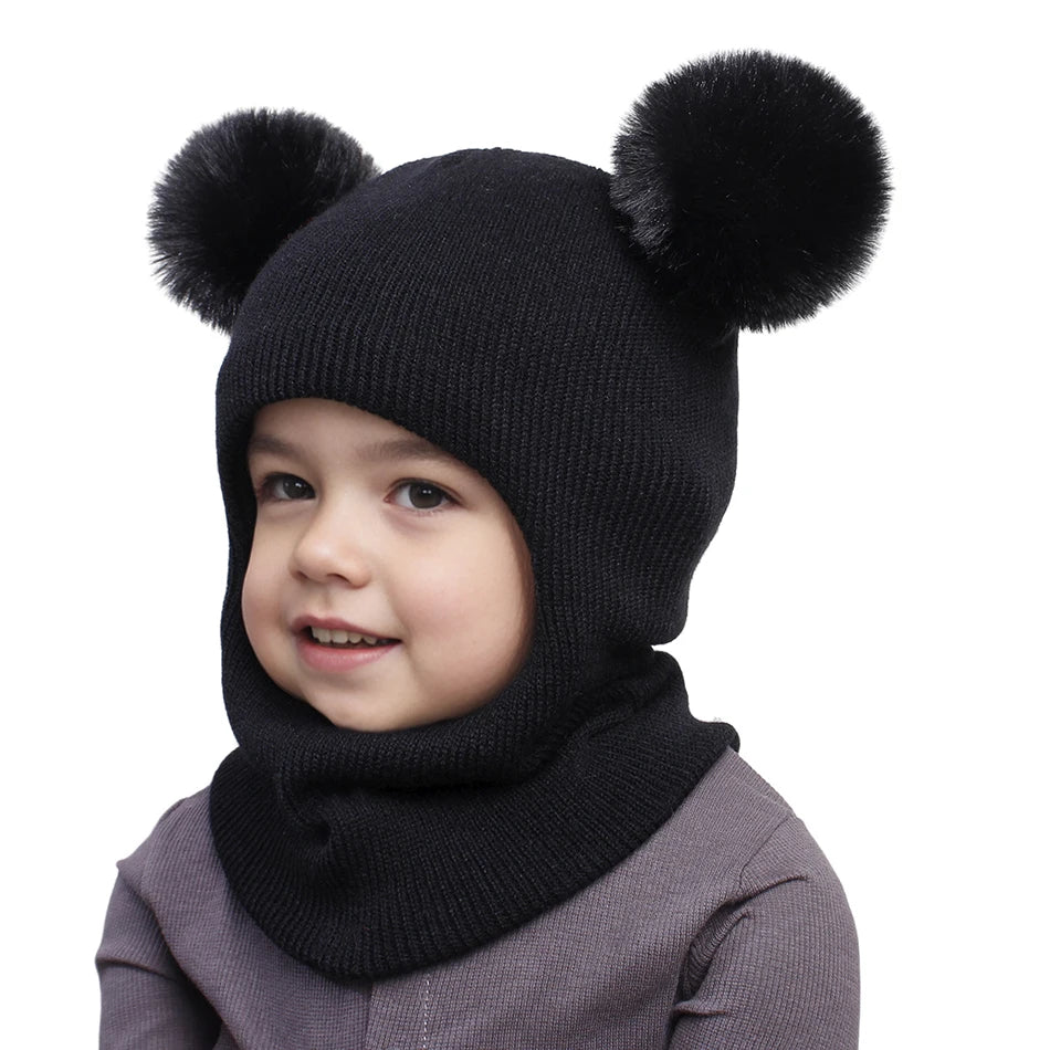 Kids Yarn Knit Balaclava Cap Autumn Winter Pullover Ear Protection Double Ball One-piece Baby Christmas Gift Hat