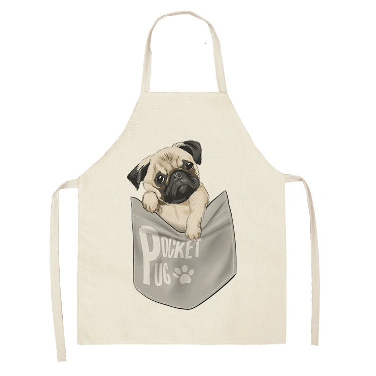 Cute Dog Pug Pattern Cotton Linen Sleeveless Chef Apron Kitchen Aprons Women Home Cooking Baking Waist Bib Pinafore 55x68cm