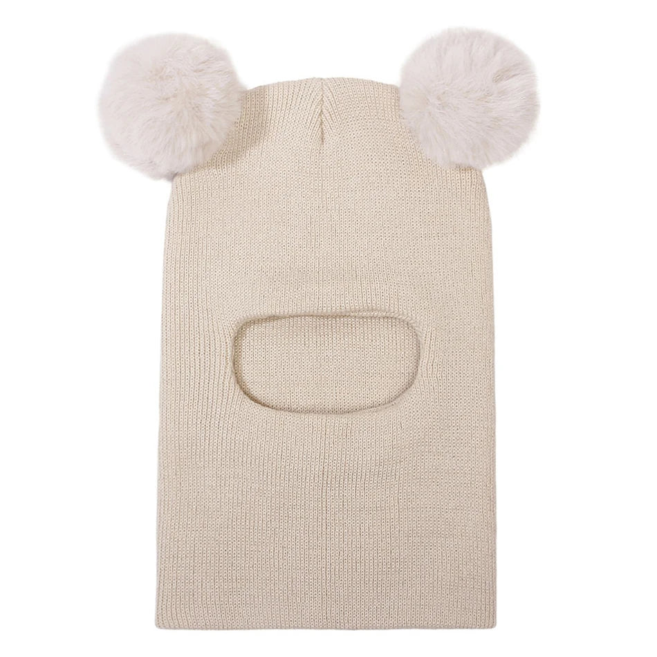 Kids Yarn Knit Balaclava Cap Autumn Winter Pullover Ear Protection Double Ball One-piece Baby Christmas Gift Hat