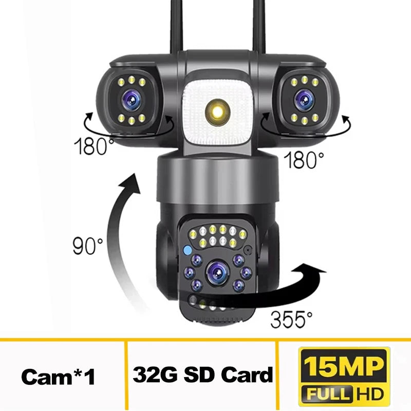 15MP 8K 3 Lens solar security cameras wifi outdoor Waterproof PIR Night Vision Two-Way Audio Mobile Tracking Security IP Cameras