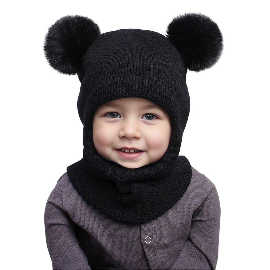 Kids Yarn Knit Balaclava Cap Autumn Winter Pullover Ear Protection Double Ball One-piece Baby Christmas Gift Hat