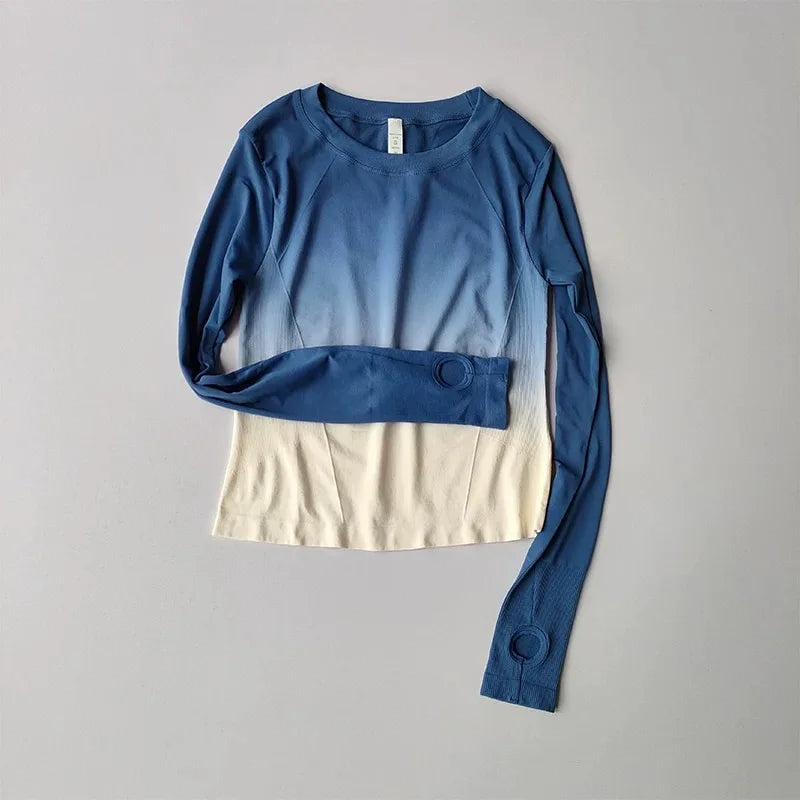 Gradient Fashionable Slimming Sports T-Shirt Fitness Top for Women Tight Quick-Dry Long-Sleeve Shirt Yoga Wear Training Body-Sha