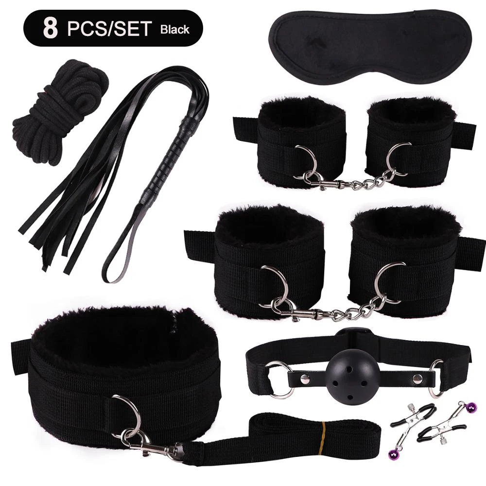 Exotic Bed Bondage Set BDSM Kits Exotic Sex Toys For Adults Games Leather Handcuffs Whip Gag Nipple Clamps Women Sex Products