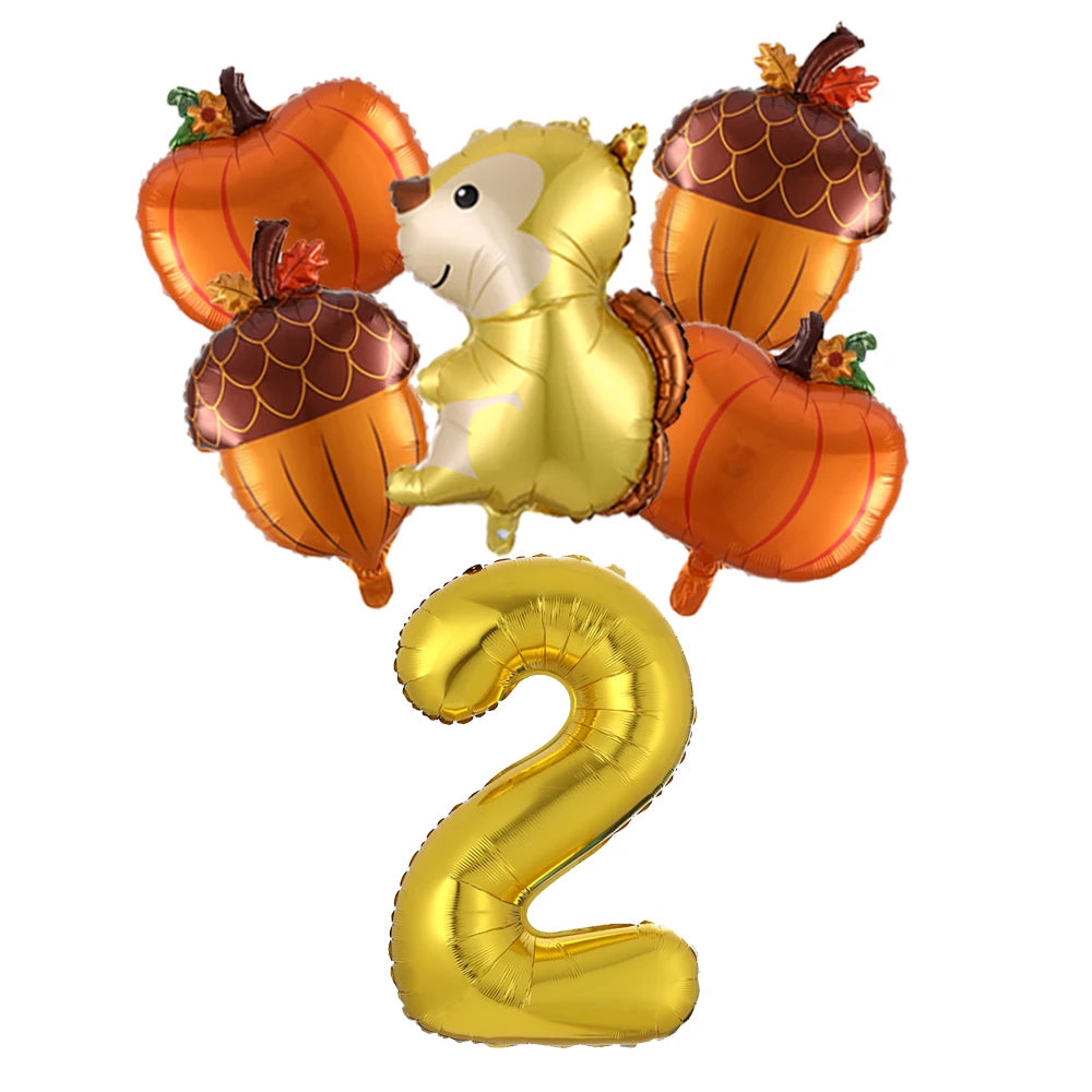 6Pcs Autumn Forest Animals Kids Birthday Party Decoration Squirrel Pine Cone Foil Balloon With 0-9 Number Ball Thanksgiving Gift