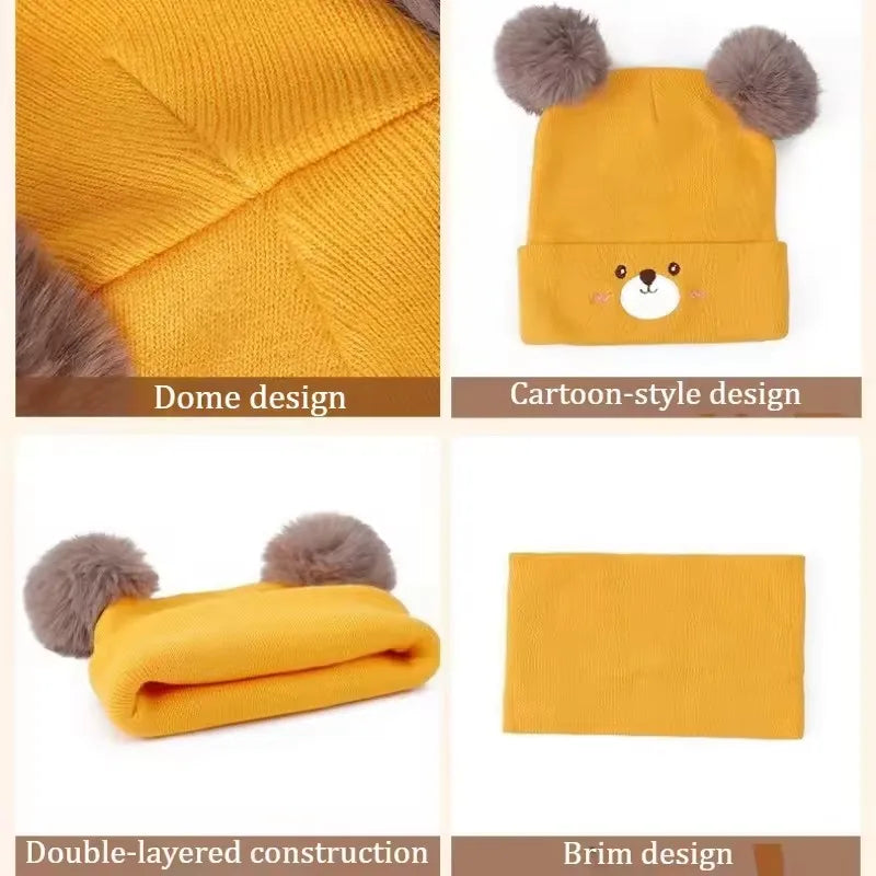 Baby Knitted Hat Set with Embroidered Face and Pom-Poms Hand-Washable Baby Hat and Scarf Set Perfect for Fall and Winter