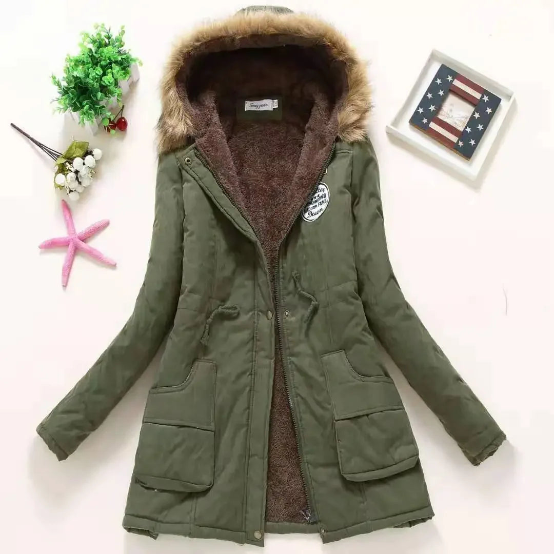 Korean Style Thickened Long Cotton Jacket Women's Winter Coat with Fleece Lining And Fur Collar Slim Fit plus Size Top