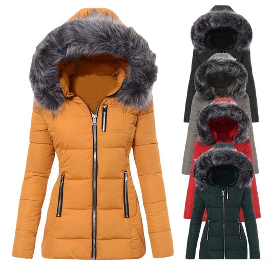 Women Parkas Jacket Cotton Coat Winter Thick Fur Collar Hooded Windproof Padded Jackets Outerwear Zipper Overcoat Office Lady