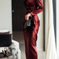 Elegant Satin Long Sleeve V-Neck Gown with Waist Belt Ankle-Length Dress Polished Autumn New Style Cross-Border Dress