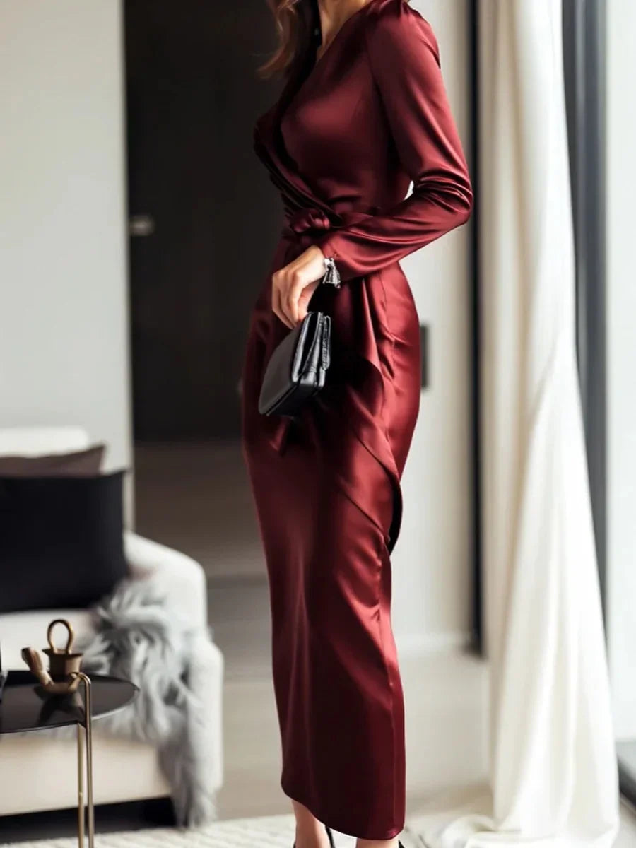 Elegant Satin Long Sleeve V-Neck Gown with Waist Belt Ankle-Length Dress Polished Autumn New Style Cross-Border Dress