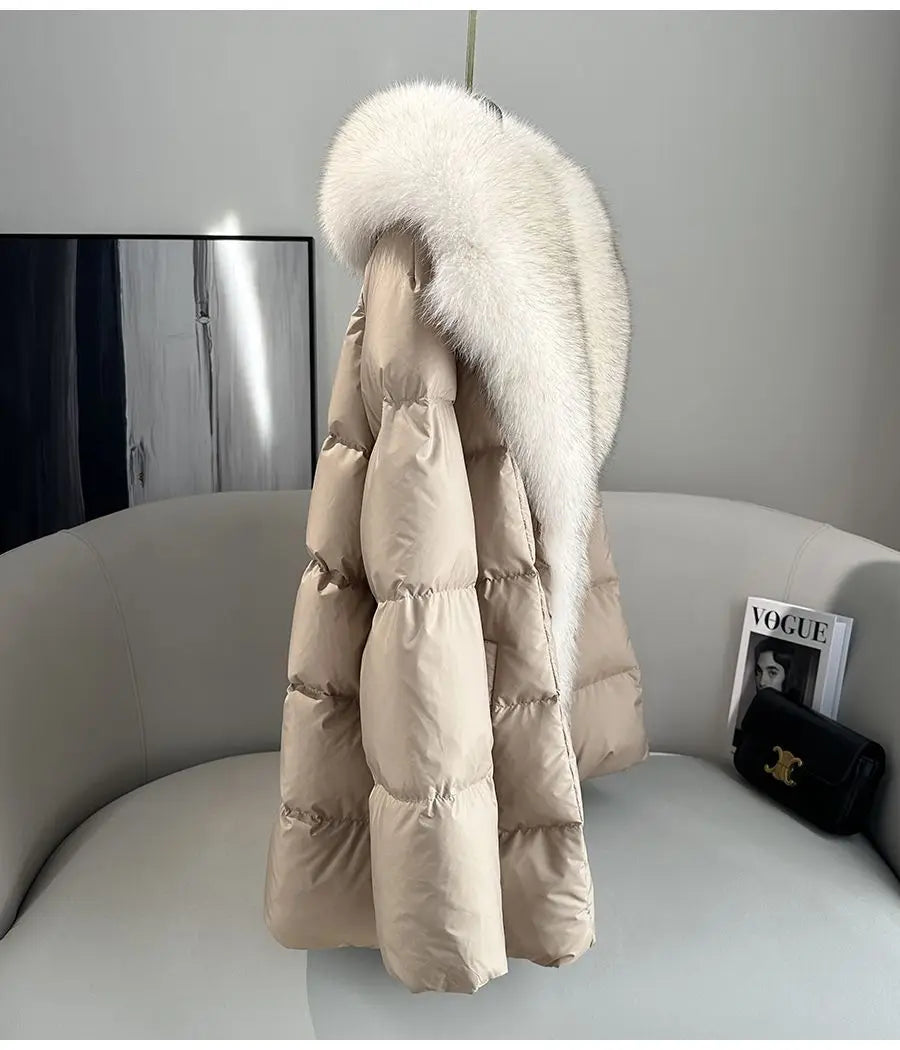 2025 Winter New Mid-length Temperament White Goose Puffer Parkas Women Fox Fur Detachable Large Lapel Fur Down Jacket High Qual
