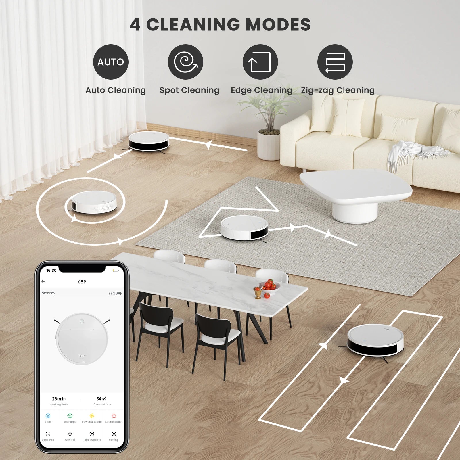 OKP K5P Robot Vacuum Cleaner, 5000Pa, 180 Mins, WiFi/App, Slim Design, Self-Charging, Perfect for Hard Floors, Pet Hair, Carpets