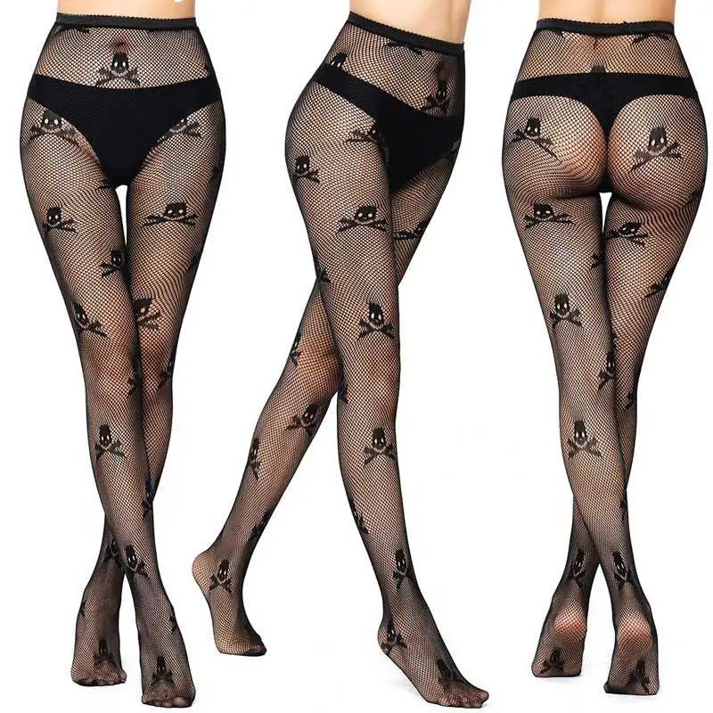 Sexy Mesh Stockings Print Patterns Flower Heart Skull Nylon Push Up  Slim Women Fishnet Tights Y2k Party Club Gothic Pantyhose