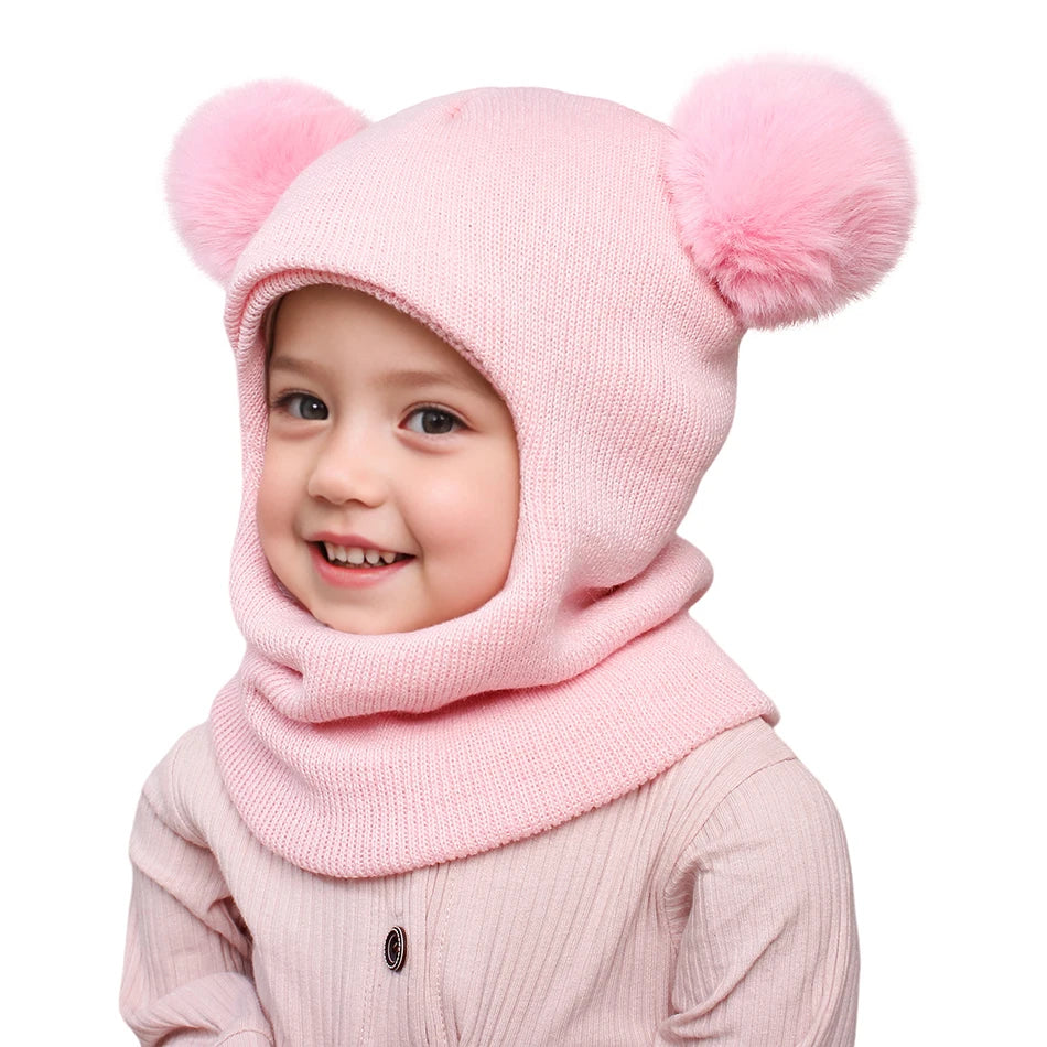 Kids Yarn Knit Balaclava Cap Autumn Winter Pullover Ear Protection Double Ball One-piece Baby Christmas Gift Hat