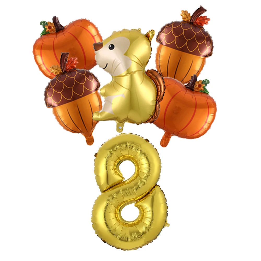 6Pcs Autumn Forest Animals Kids Birthday Party Decoration Squirrel Pine Cone Foil Balloon With 0-9 Number Ball Thanksgiving Gift