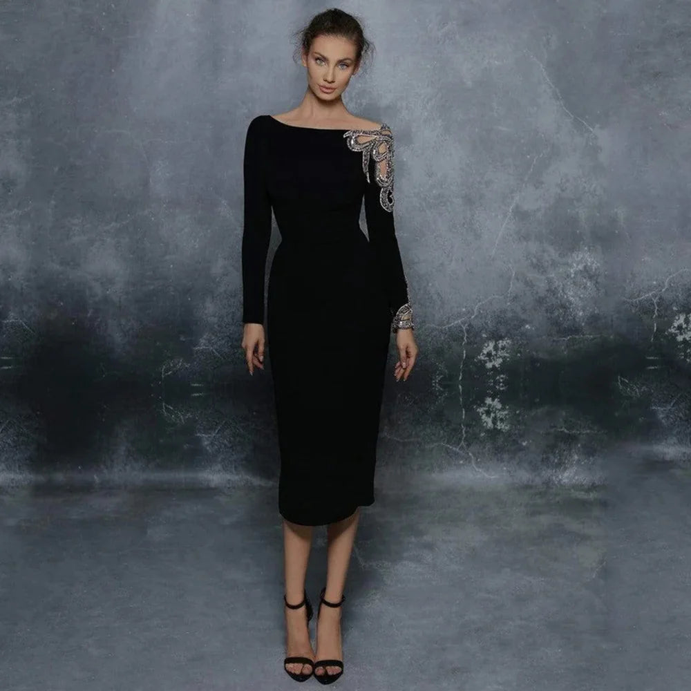 Elegant Long Sleeve Evening Dresses Tea-Length Women Event Straight Sexy Backless Dress Customized Scoop Neckline Wedding Guest