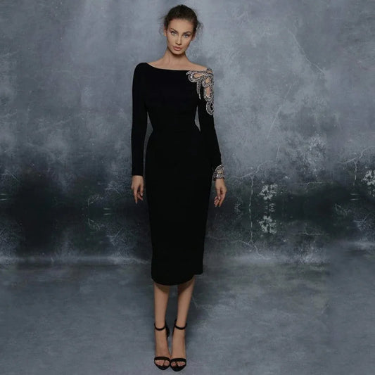 Elegant Long Sleeve Evening Dresses Tea-Length Women Event Straight Sexy Backless Dress Customized Scoop Neckline Wedding Guest