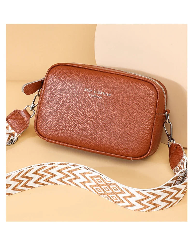 100% Genuine Leather Women Shoulder Bag 2025 New High Quality Cowhide Female Crossbody Bags Wide Shoulder Strap Girls Handbag