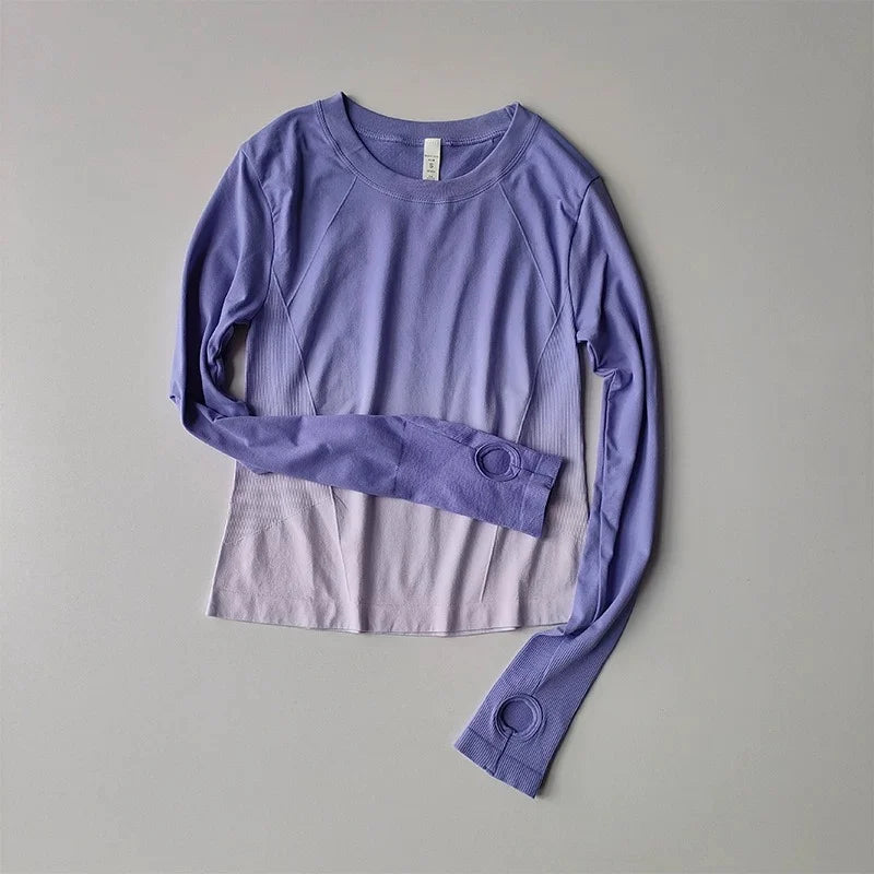 Gradient Fashionable Slimming Sports T-Shirt Fitness Top for Women Tight Quick-Dry Long-Sleeve Shirt Yoga Wear Training Body-Sha